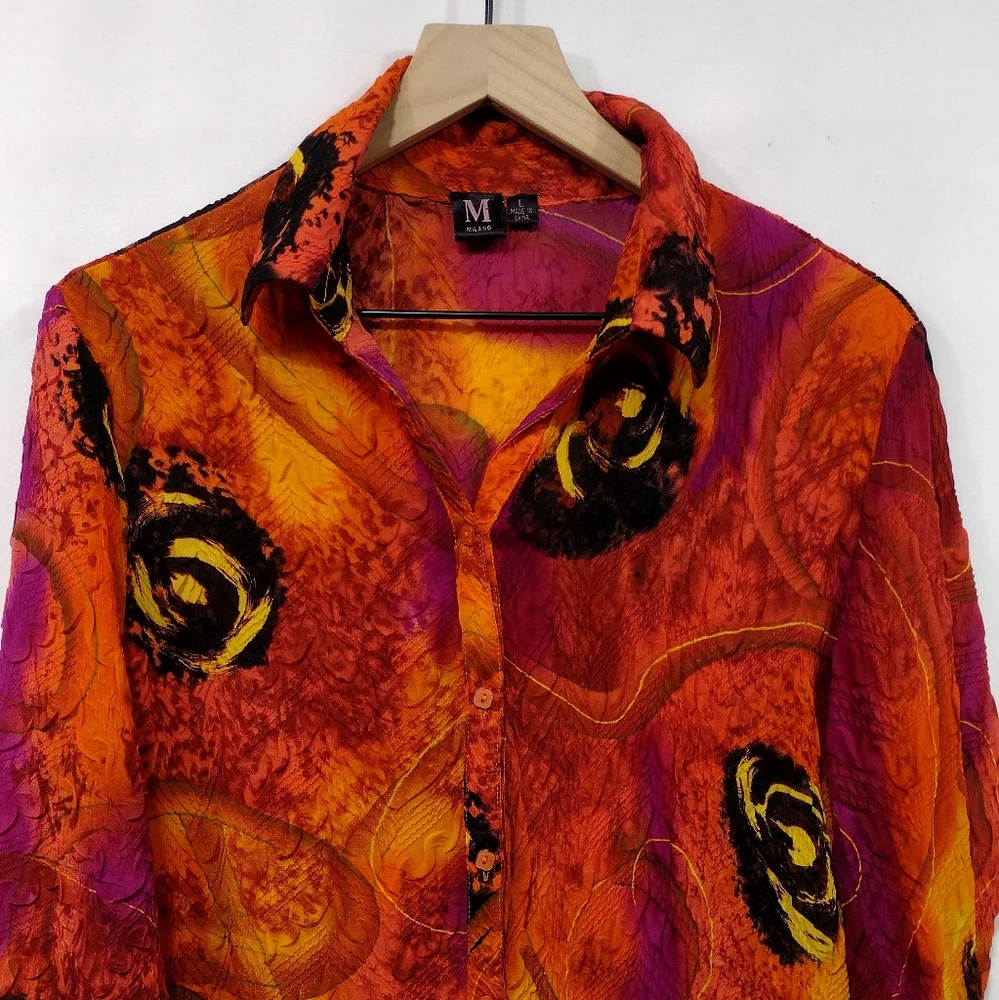 Milano Floral Tie Dye Button Shirt Womens L Orange Black Artsy Grunge Rockabilly - Picture 2 of 8